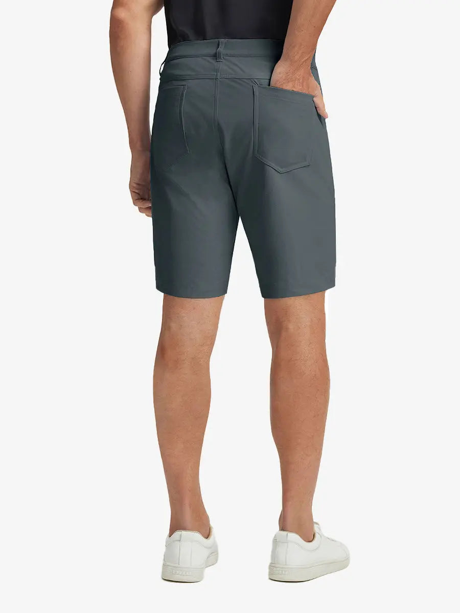 DARK GREY 4-way Stretch Performance Solid Shorts, back lower body view for golf wear, 9 Inch style