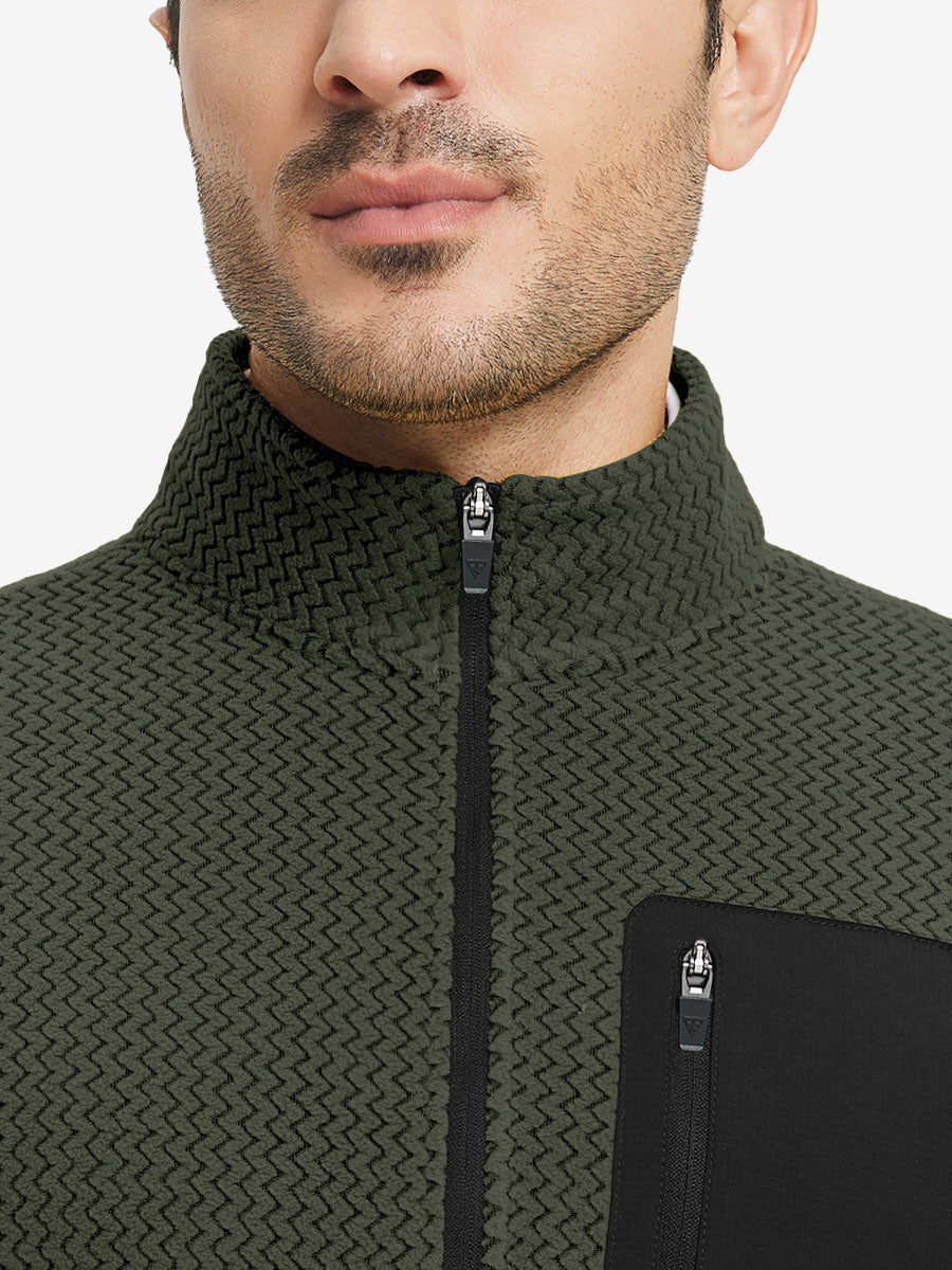 Close-up from nose to chest, showing collar detail of midweight warm stretchy quarter zip pullover in forest green.