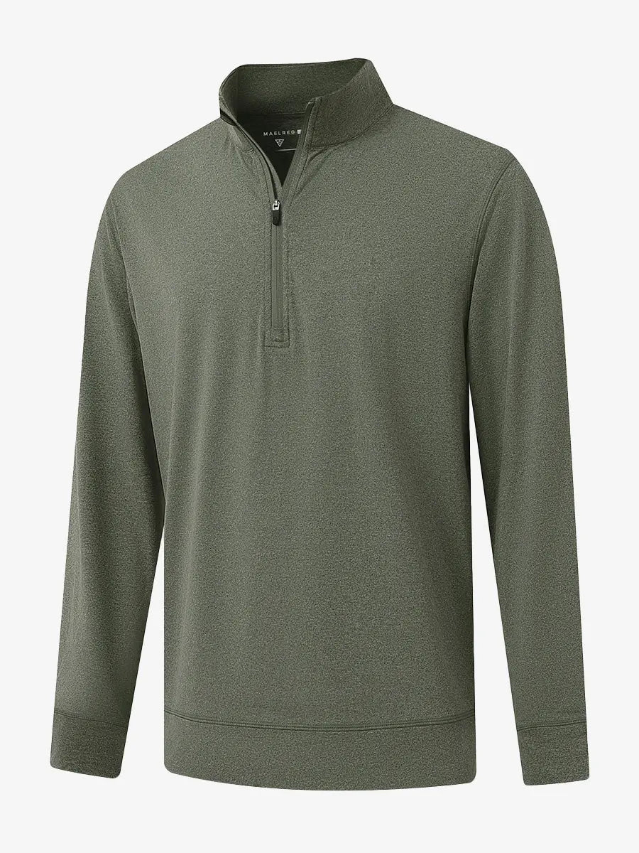 3D view of OLIVE GREEN HEATHER Quarter Zip Melange Pullover showing shape and melange pattern.