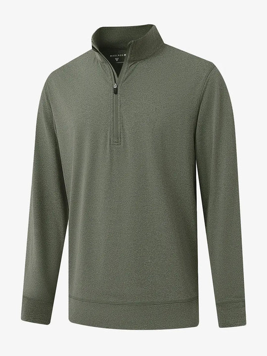 3D view of OLIVE GREEN HEATHER Quarter Zip Melange Pullover showing shape and melange pattern.