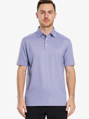Front half-body view of male model in the Lavender Everyday Classic Solid Polo, standing still
