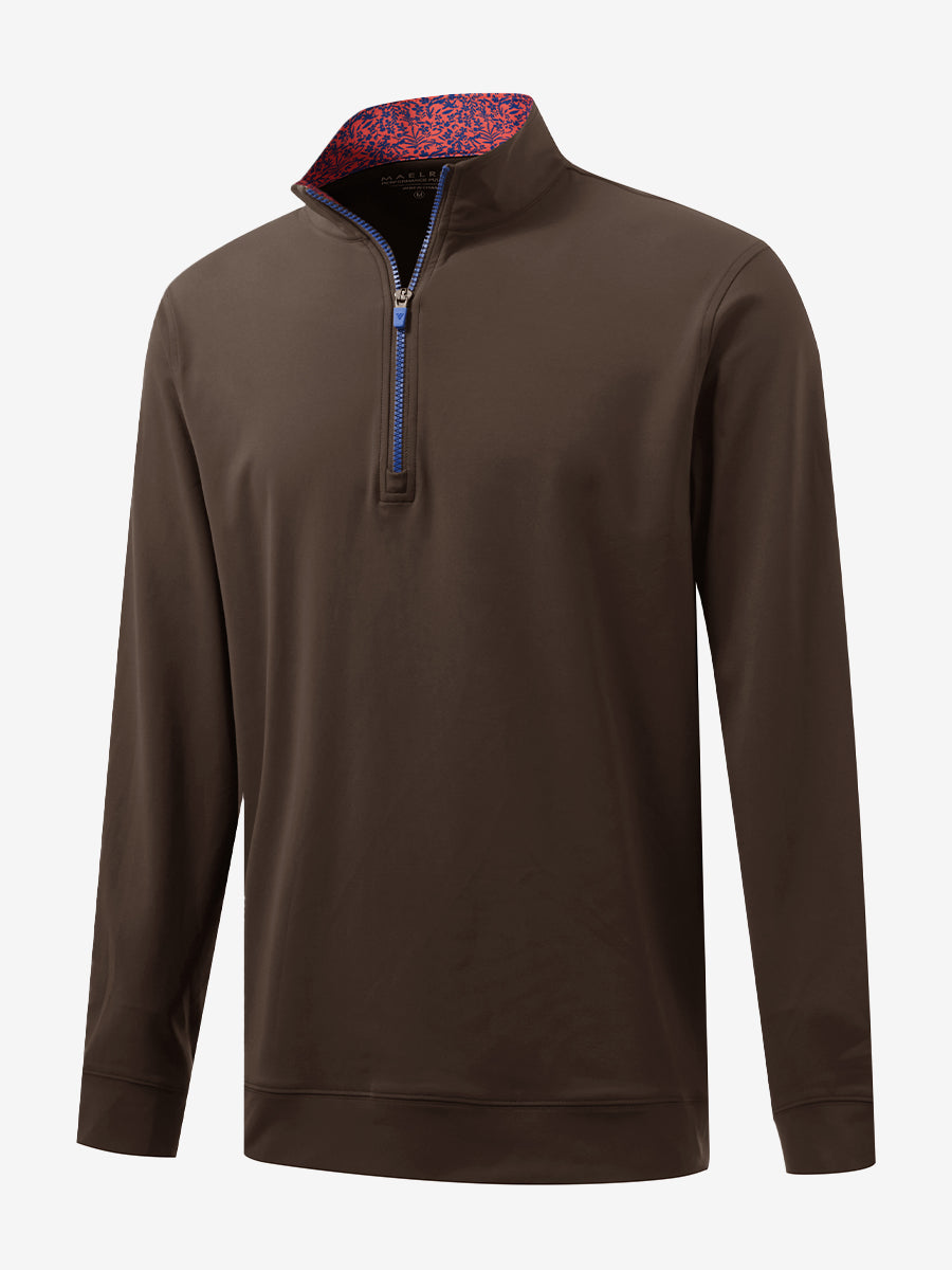 3D front view of the lightweight golf quarter zip pullover in coffee brown, clean and athletic design.