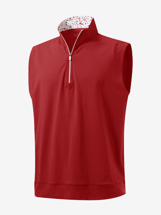 3D front view of the print collar quarter zip golf vest in red, sleek and sporty design.