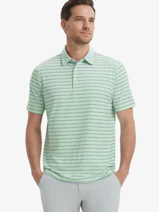 Model in Khaki Neutral Grey Stripe Performance Stripe Golf Shirt – front half-body pose