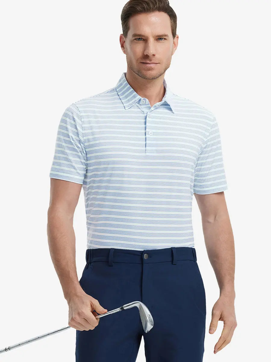 Model in Bluish Violet Light Blue Performance Stripe Golf Shirt – front half-body pose