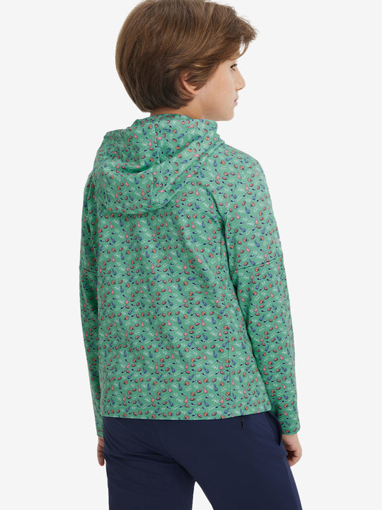 Back upper body view of model wearing youth full print stylish hoodies pullover, green rugby.