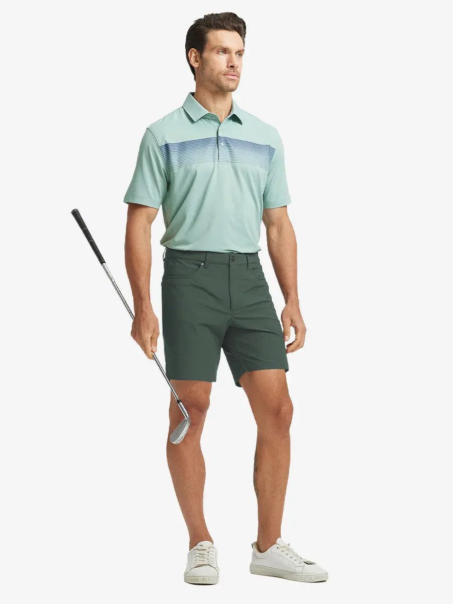 OLIVE GREEN 4-way Stretch Performance Solid Shorts, golfer full-body front with club, 7 Inch length