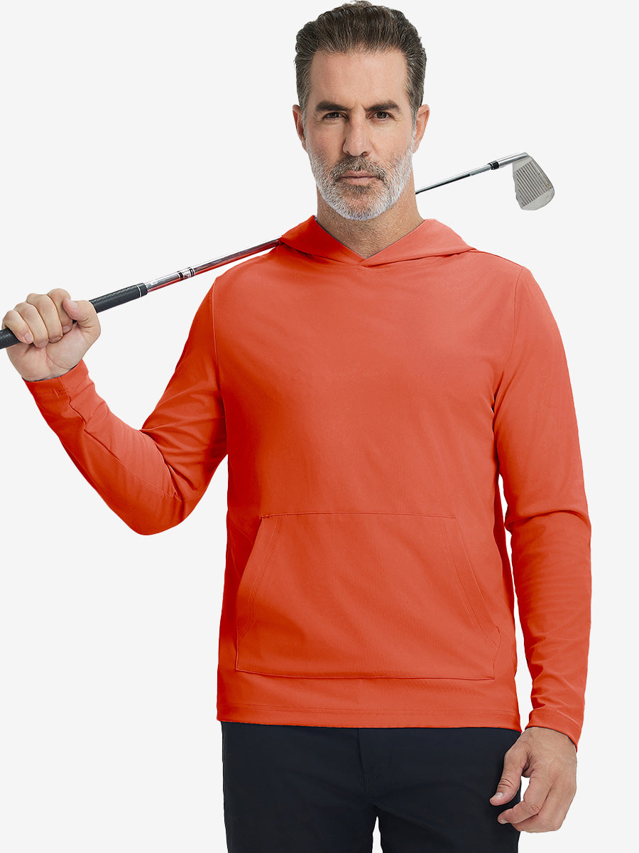 Model holding golf club, wearing dry fit stretchy sweatshirts hoodie in orange, sporty and casual.
