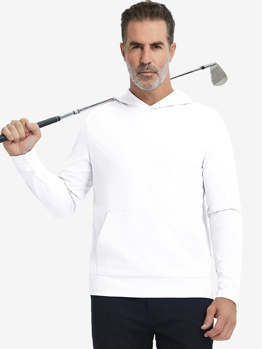 Model holding golf club, wearing dry fit stretchy sweatshirts hoodie in white, sporty and casual.