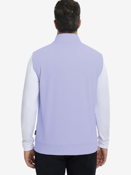 Back upper body view of the lavender print collar quarter zip golf vest, clean cut and relaxed posture.