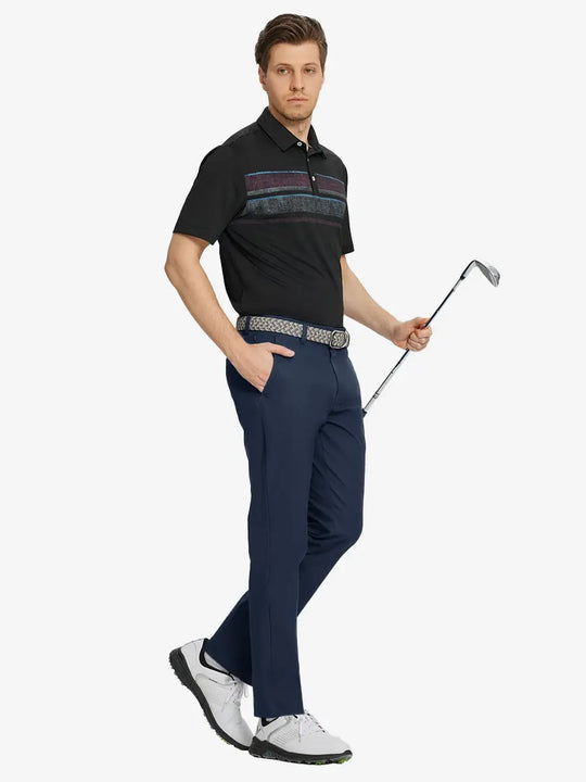 Full body front view of model wearing NAVY Water Resistant Everyday Pants, holding a golf club