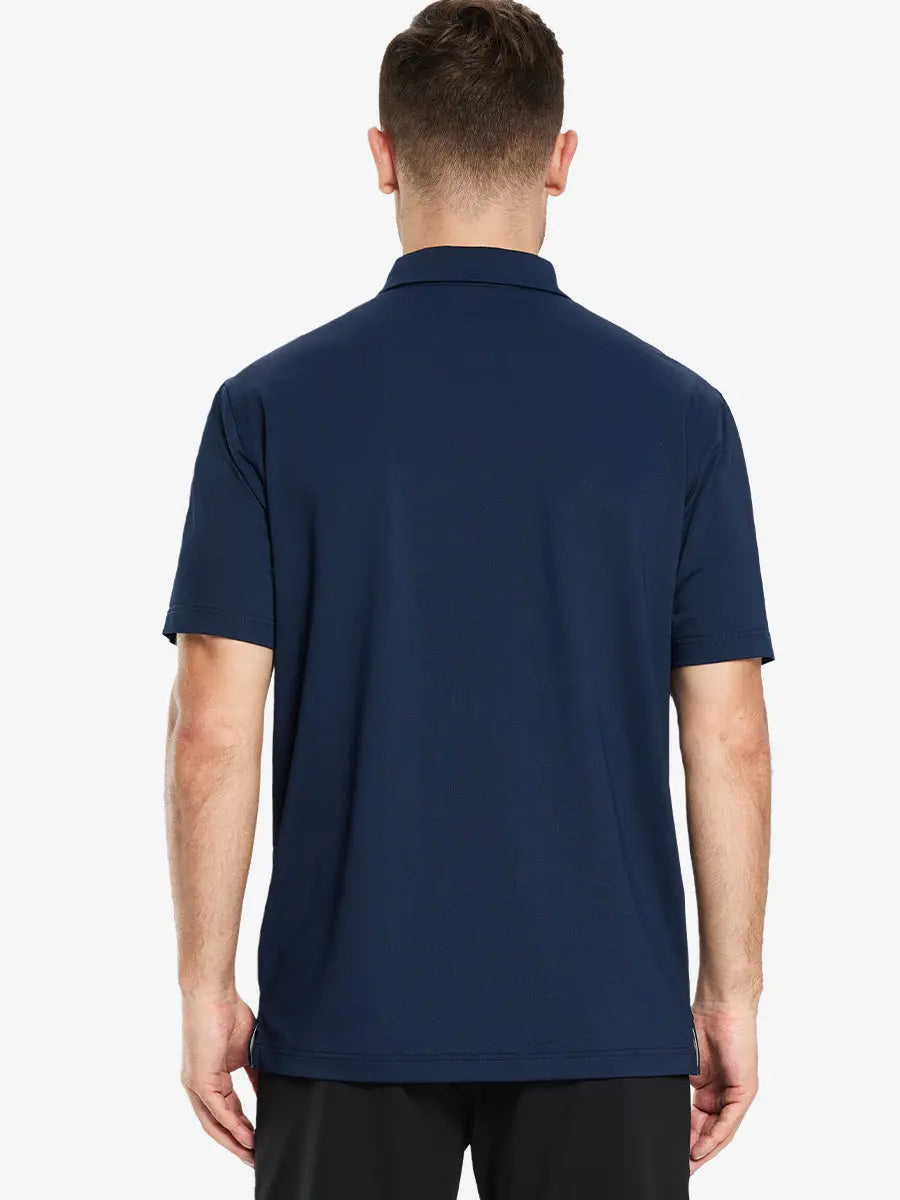 Back view half-body of model in NAVY Ventilated Pique Performance Polo