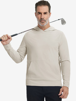 Model holding golf club, wearing dry fit stretchy sweatshirts hoodie in khaki light, sporty and casual.