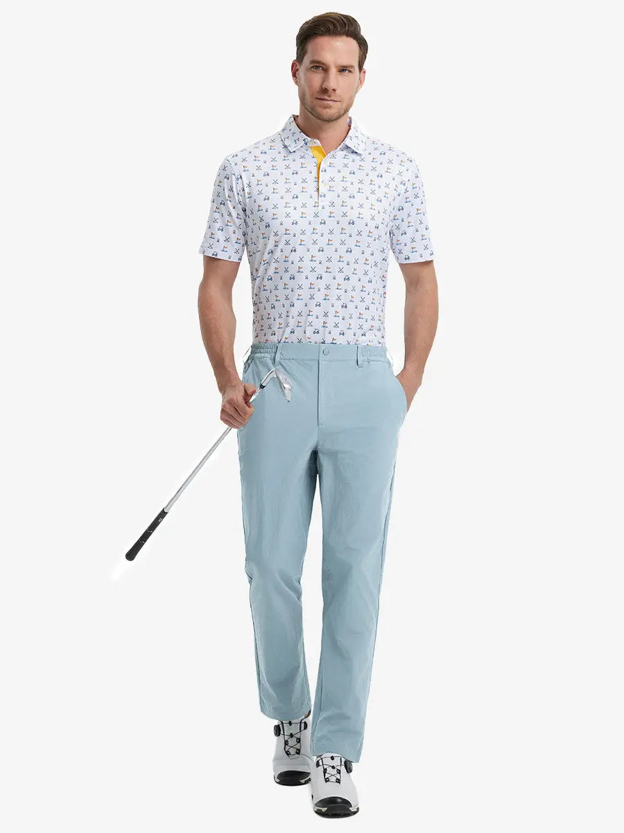 Full front view of model in Performance Water Resistant Pants POWDER BLUE，ready for golf with club in hand.