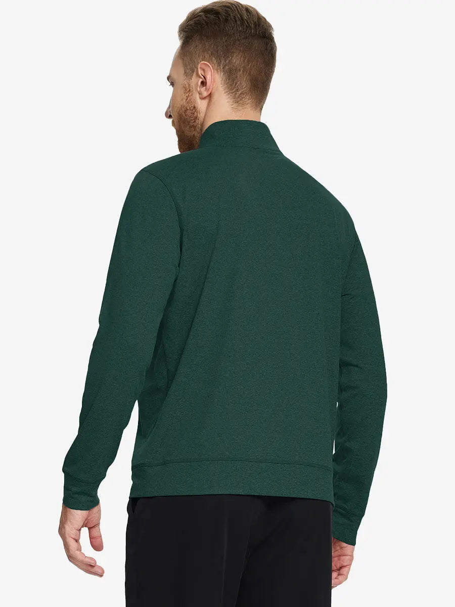 Back half-body view of model in TURQUOISE HEATHER Quarter Zip Melange Pullover highlighting smooth fit.