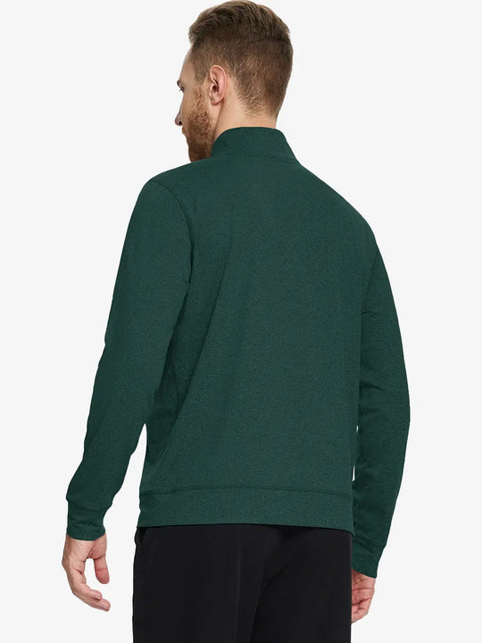 Back half-body view of model in TURQUOISE HEATHER Quarter Zip Melange Pullover highlighting smooth fit.