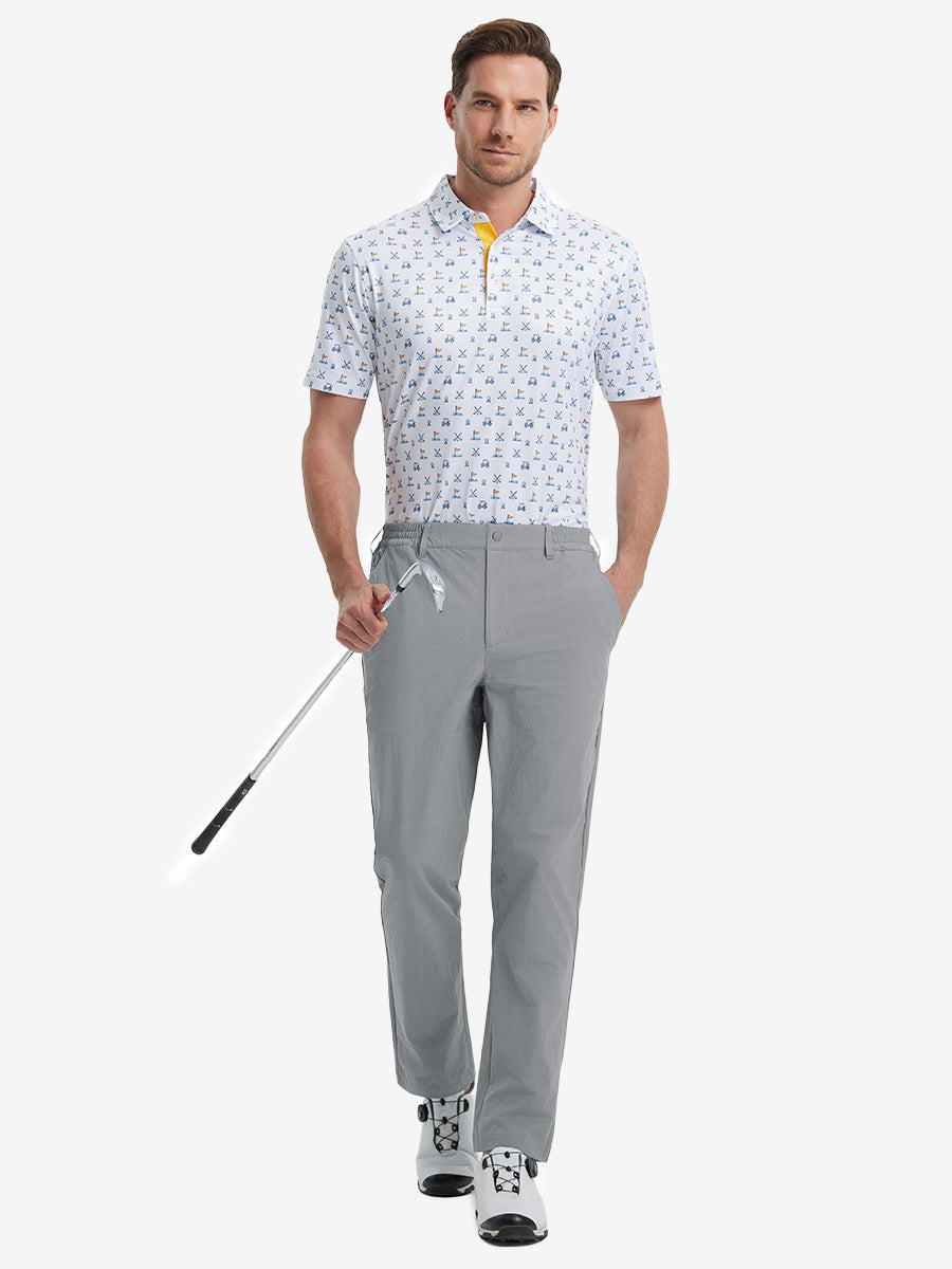 Full front view of model in Performance Water Resistant Pants NEUTRAL GREY，ready for golf with club in hand.