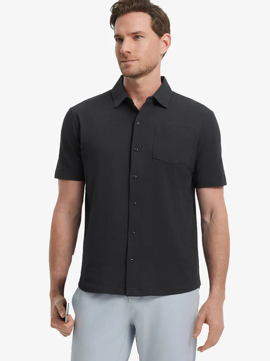 Model half-body front view wearing BLACK Cotton Blend Plain Shirt.