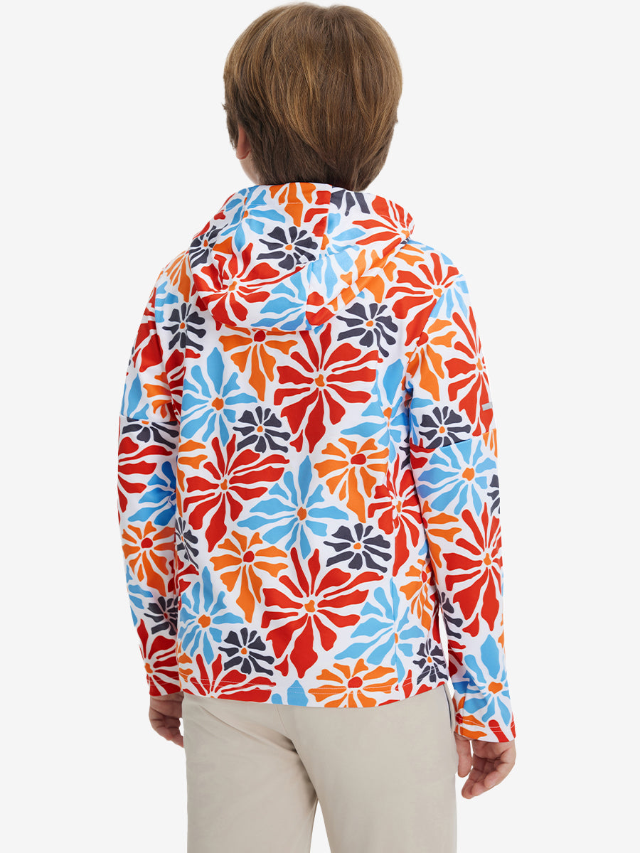Back upper body view of model wearing youth full print stylish hoodies pullover, colorful flower.