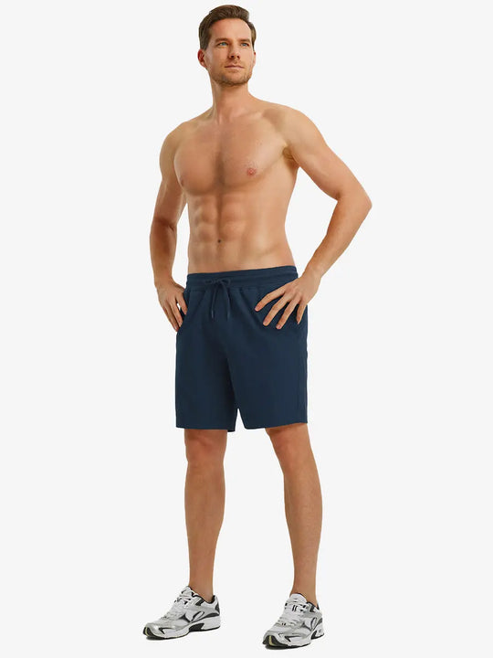 NAVY 7 Inch Performance Active Shorts full front view on model