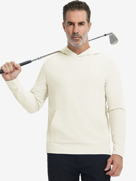 Model holding golf club, wearing dry fit stretchy sweatshirts hoodie in cream, sporty and casual.