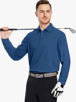 Model wearing the blue long sleeve pique polo, holding a golf club, highlighting its vibrant color and style.