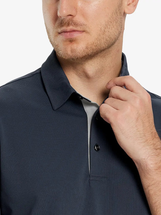 Model front close-up from nose to chest wearing DARK GREY Ventilated Pique Performance Polo