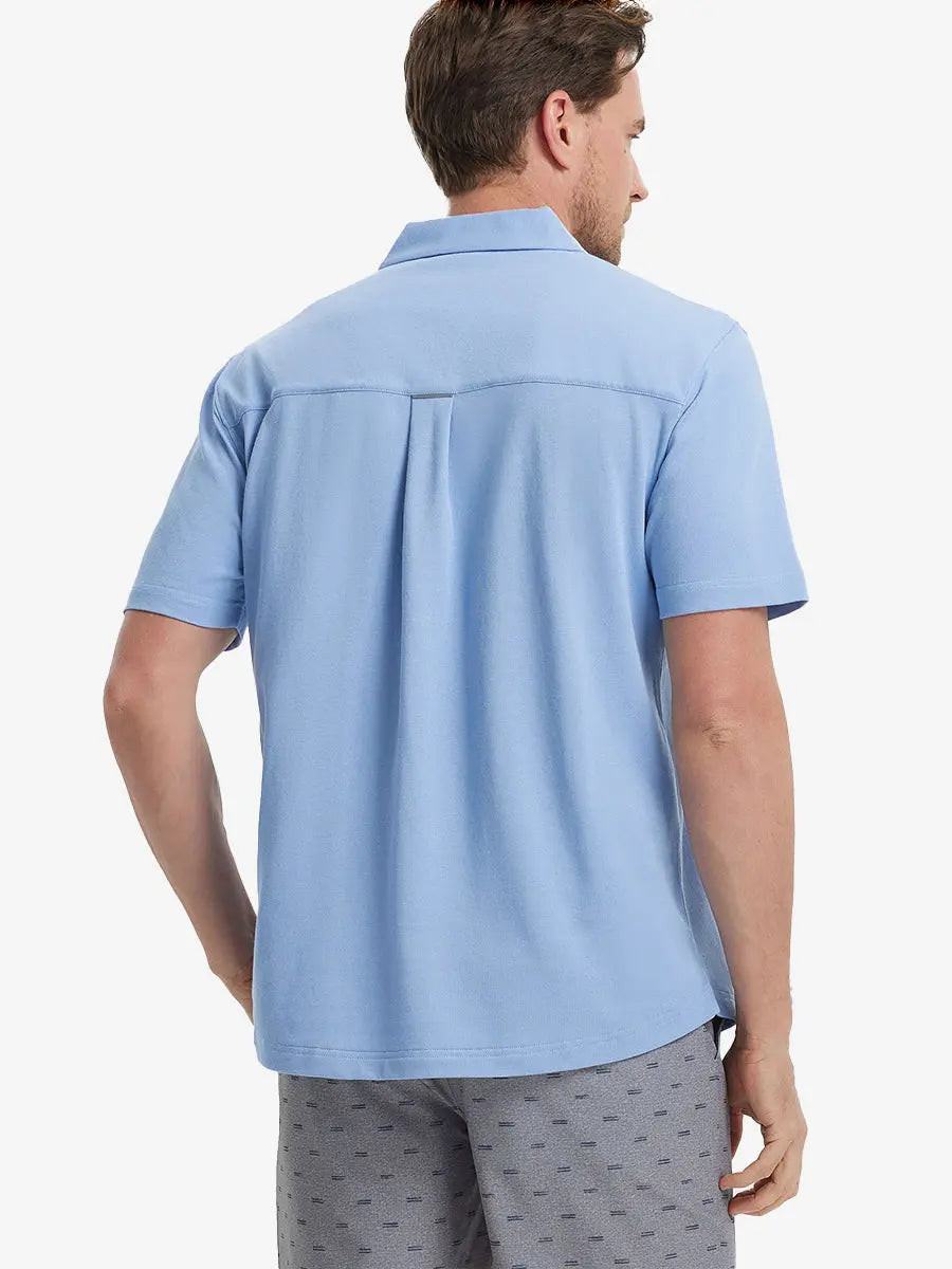 Model half-body back view wearing LIGHT BLUE Cotton Blend Plain Shirt.