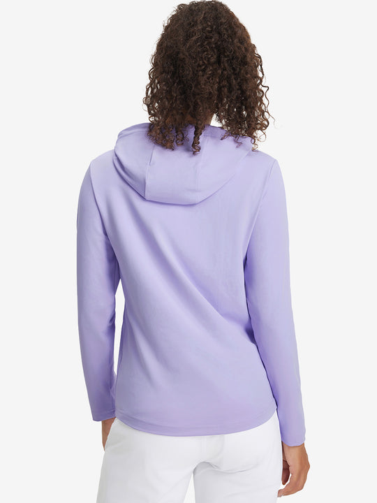 Back upper view of model in women's lightweight hoodies pullover, showing relaxed fit in lavender.