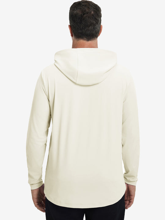 Back upper body view of the dry fit stretchy hoodie in cream, simple cut and relaxed posture.