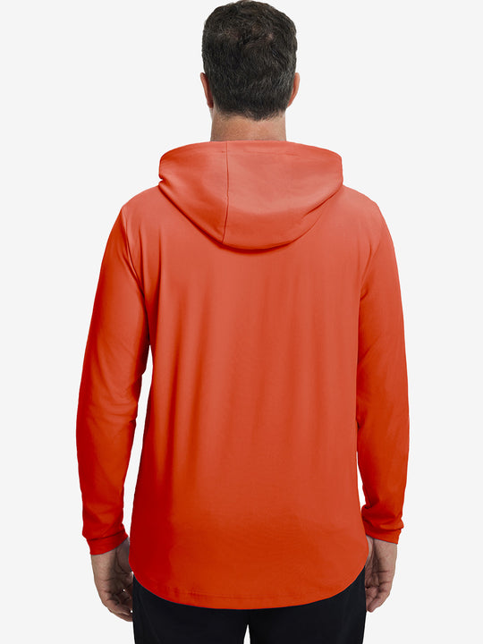Back upper body view of the dry fit stretchy hoodie in orange, simple cut and relaxed posture.