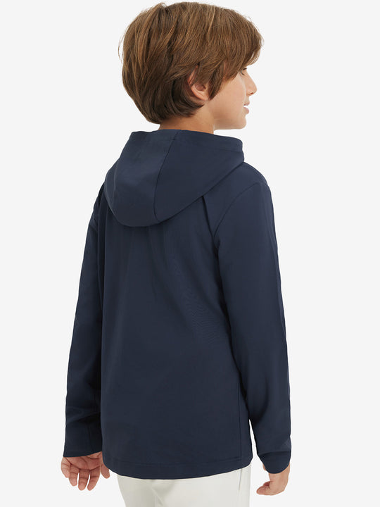 Back upper view of youth long sleeve hoodied with kangaroo pocket in navy, showing fit and shoulders.