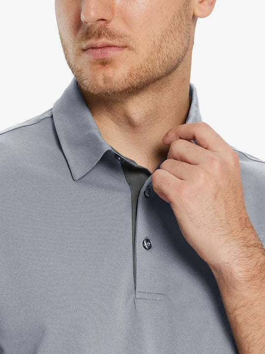 Model front close-up from nose to chest wearing LIGHT GREY Ventilated Pique Performance Polo