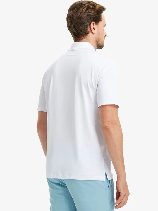 Rear half-body view of Everyday Solid Jersey Polo in WHITE, emphasizing neat lines and fit.
