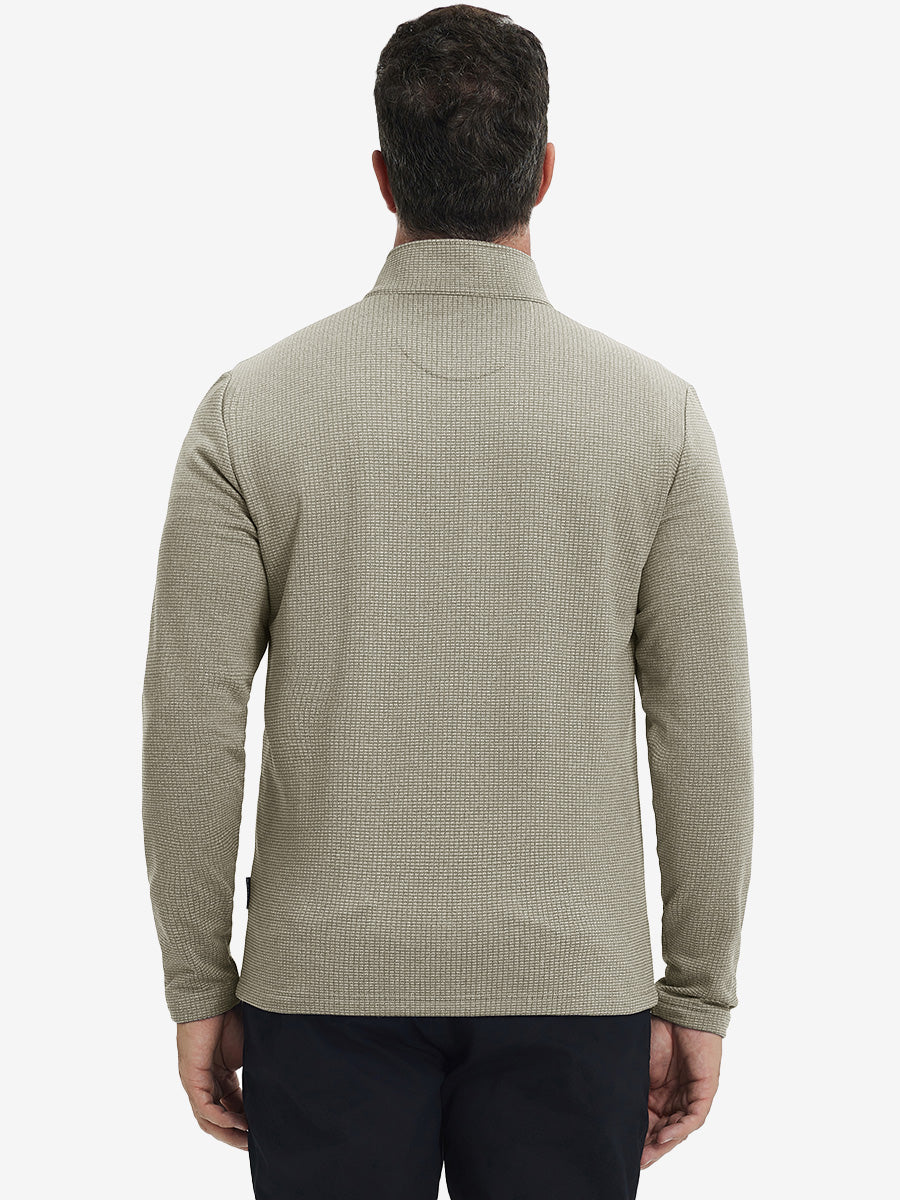 Back upper view of casual fleece lined quarter zip pullover in dust beige, showing fit and seams.