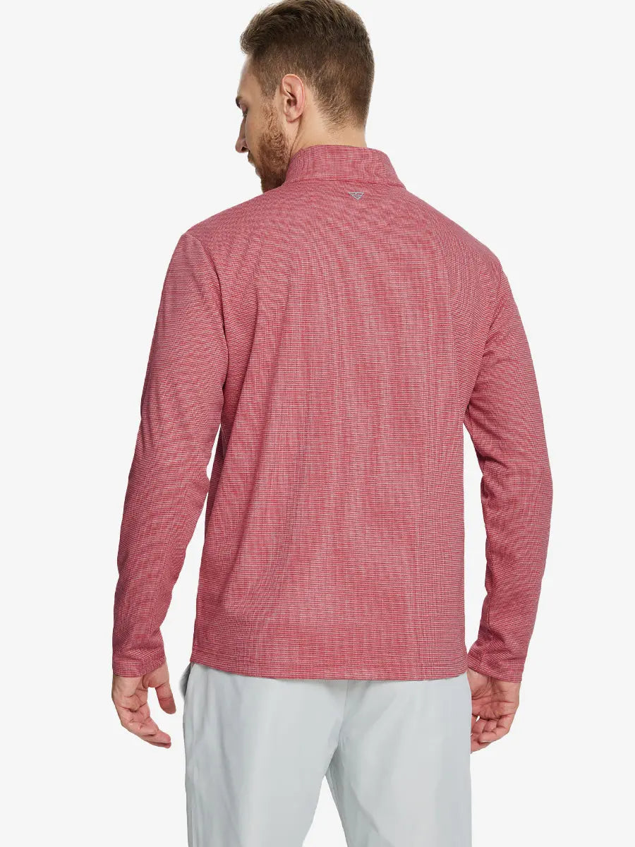 Back half-body view of model in RED HOUNDSTOOTH Premium Jacquard Quarter Zip Pullover.								
