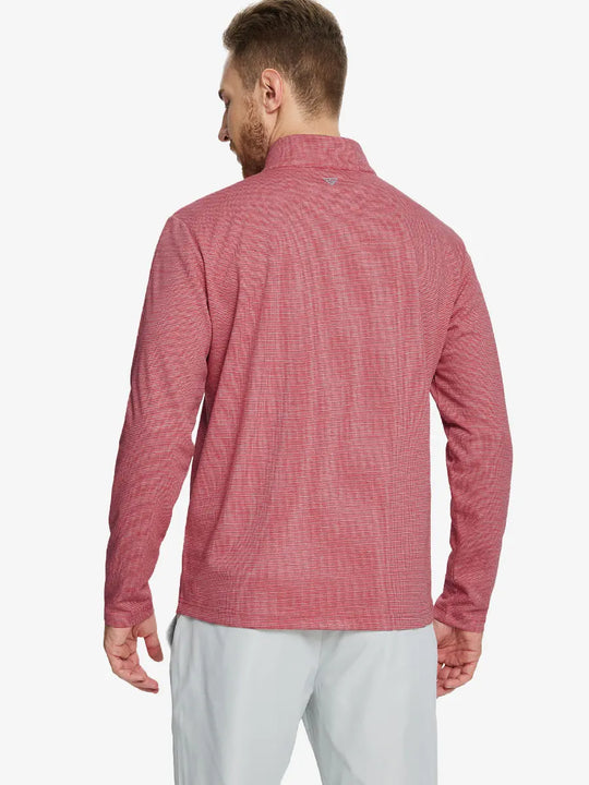 Back half-body view of model in RED HOUNDSTOOTH Premium Jacquard Quarter Zip Pullover.								
