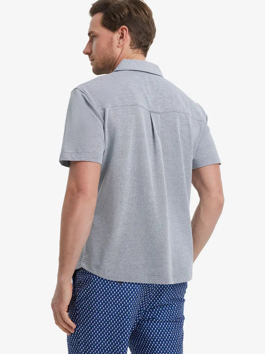 Model half-body back view wearing DARK BLUE HEATHER Cotton Blend Plain Shirt.