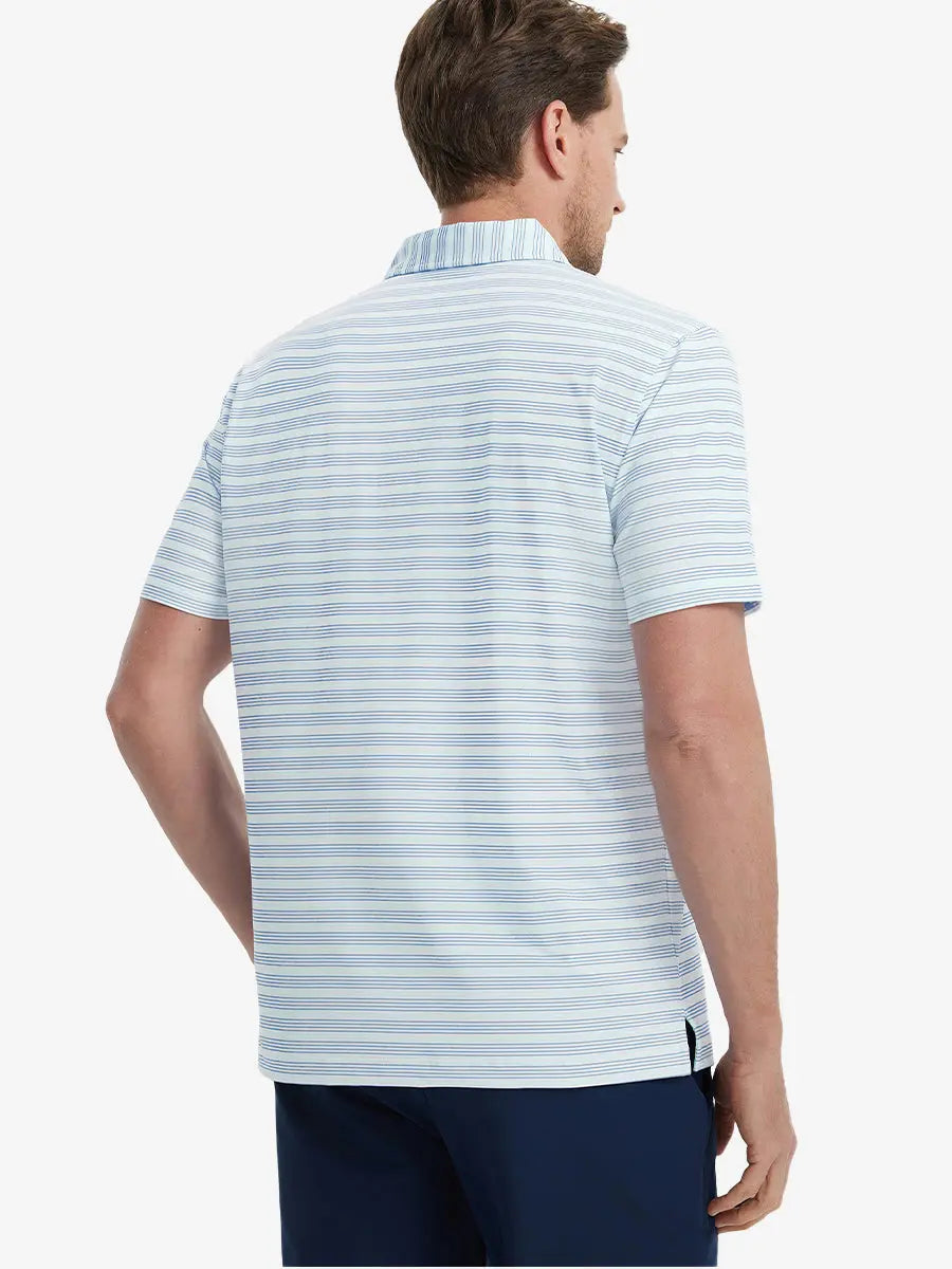 Back view of model wearing Bluish Violet Light Blue Performance Stripe Golf Shirt