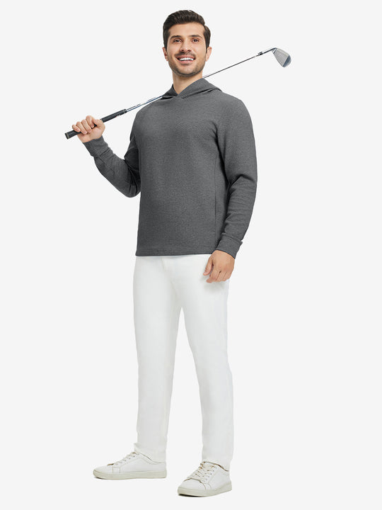 Full body view of model holding golf club in texture solid hoodies pullover, sporty look, grey heather.