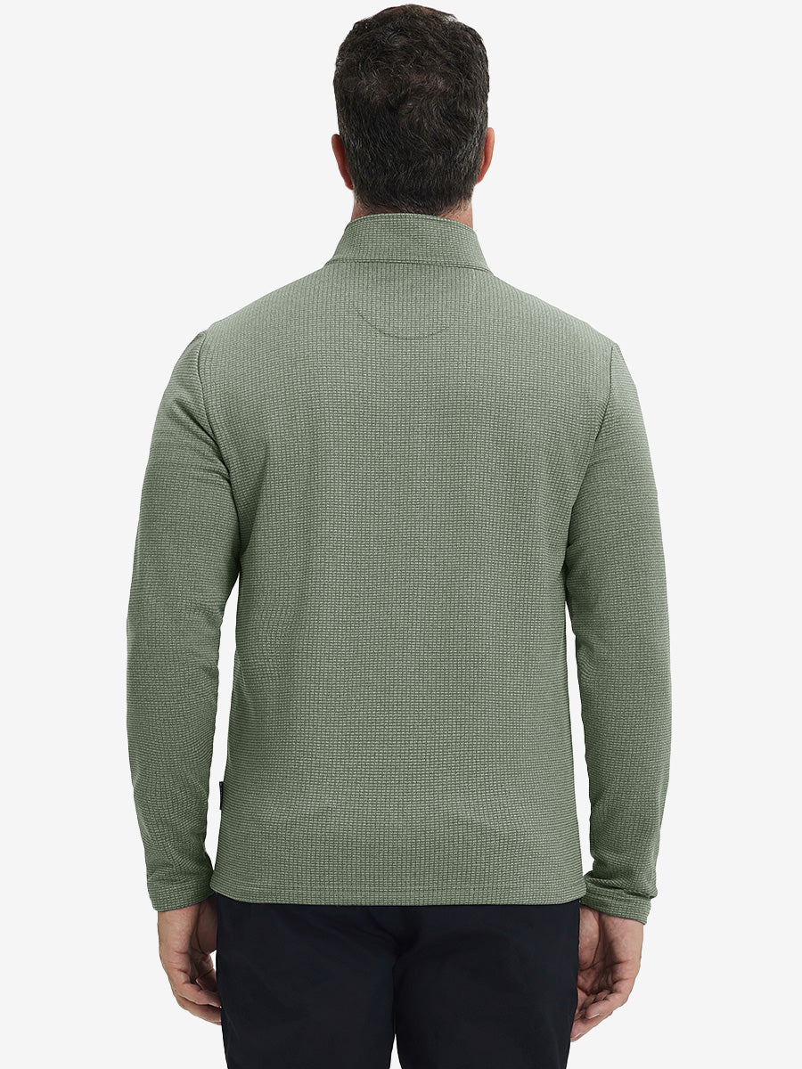 Back upper view of casual fleece lined quarter zip pullover in green, showing fit and seams.