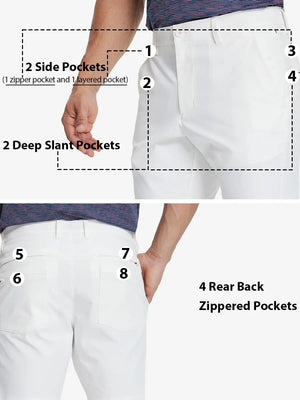 Detail view highlighting all 8 pockets front and back on WHITE Water Resistant Versatile 8 Pockets Shorts.