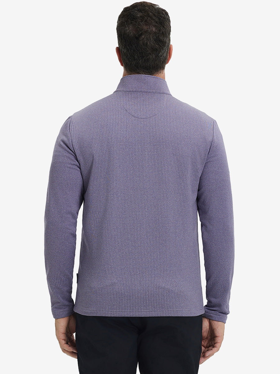 Back upper view of casual fleece lined quarter zip pullover in purple, showing fit and seams.