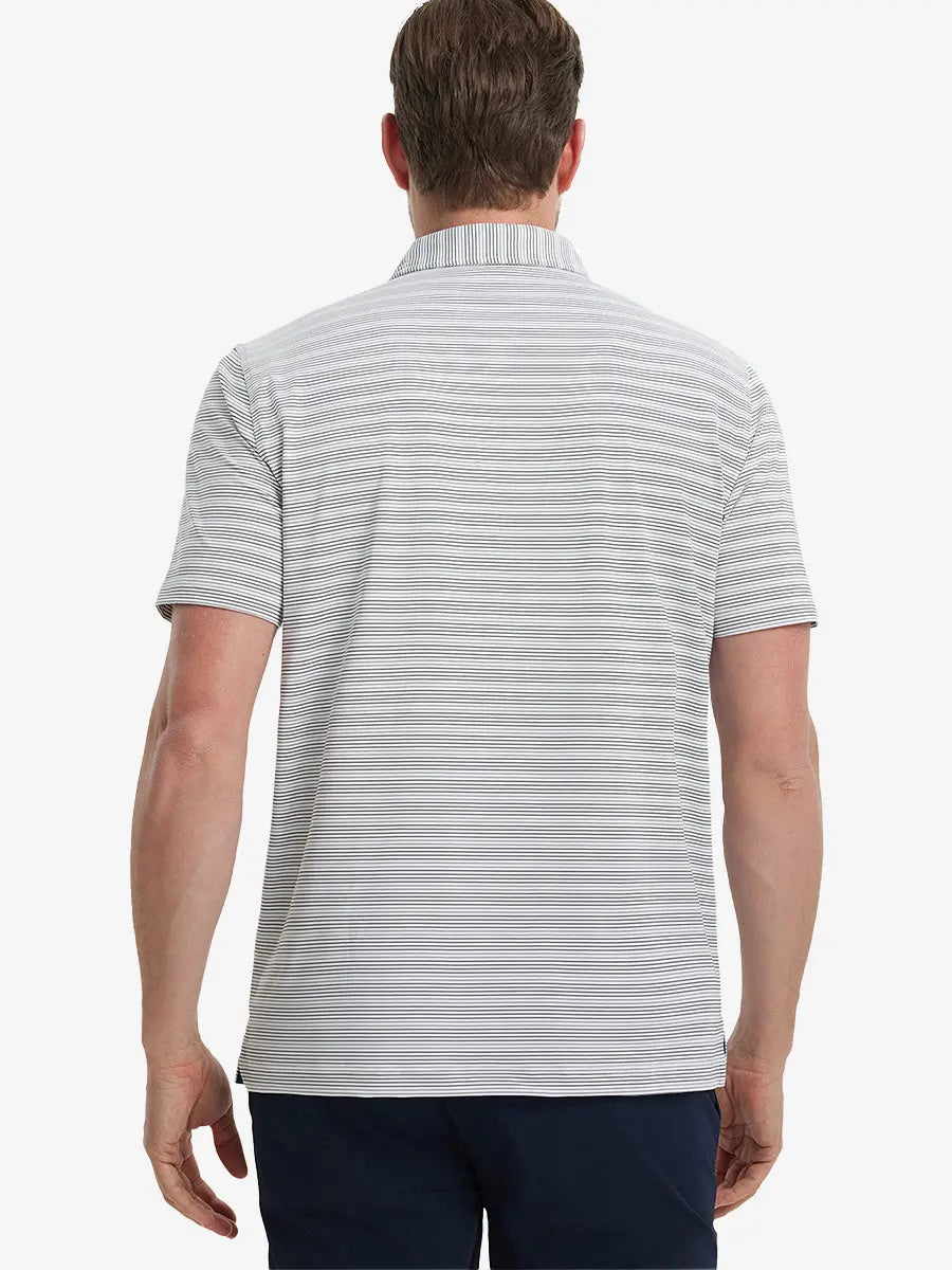 Back view of model wearing Dark Grey Neutral Grey Performance Stripe Golf Shirt