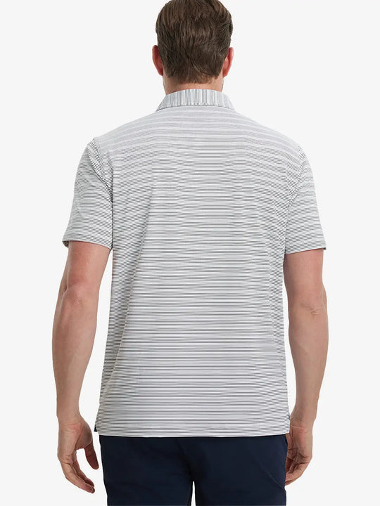 Back view of model wearing Dark Grey Neutral Grey Performance Stripe Golf Shirt