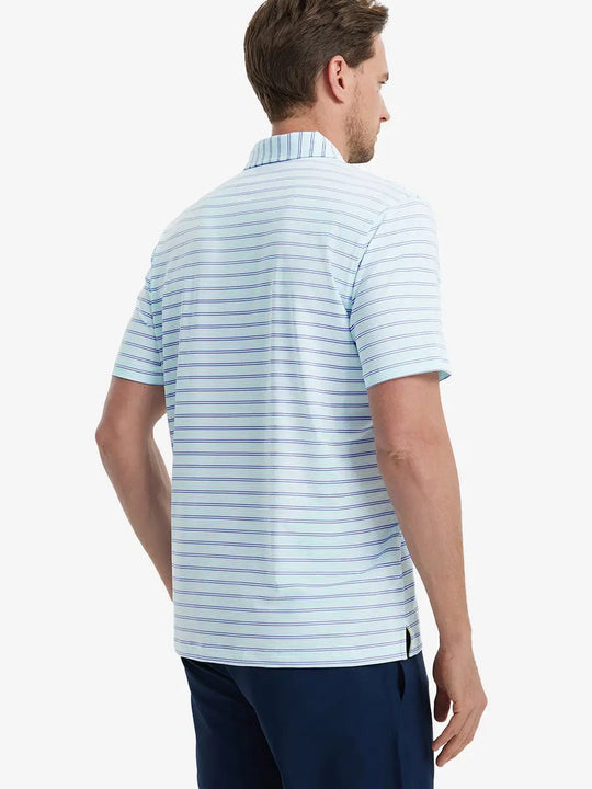 Back view of model in Mint Green Cobalt Stripe Performance Stripe Golf Shirt