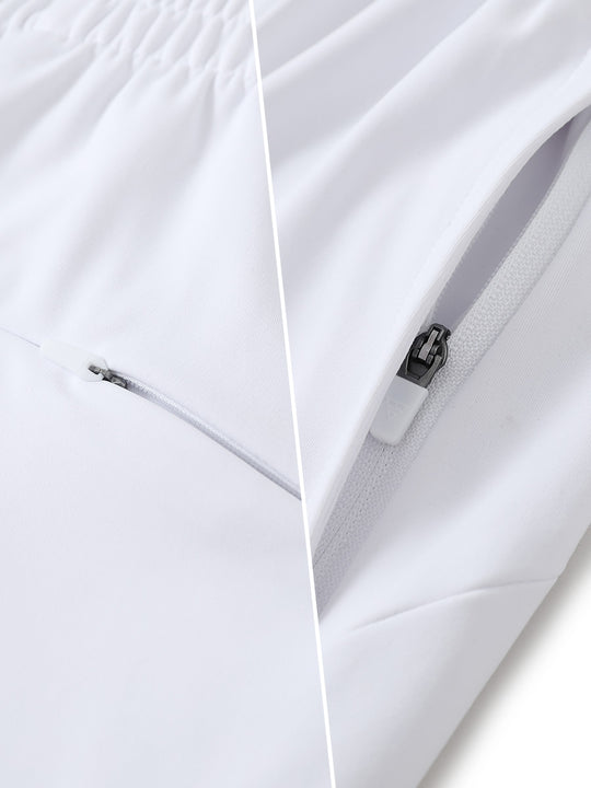 Two-part detail of lightweight women's stretchy joggers sweatpants zippers shown in white.