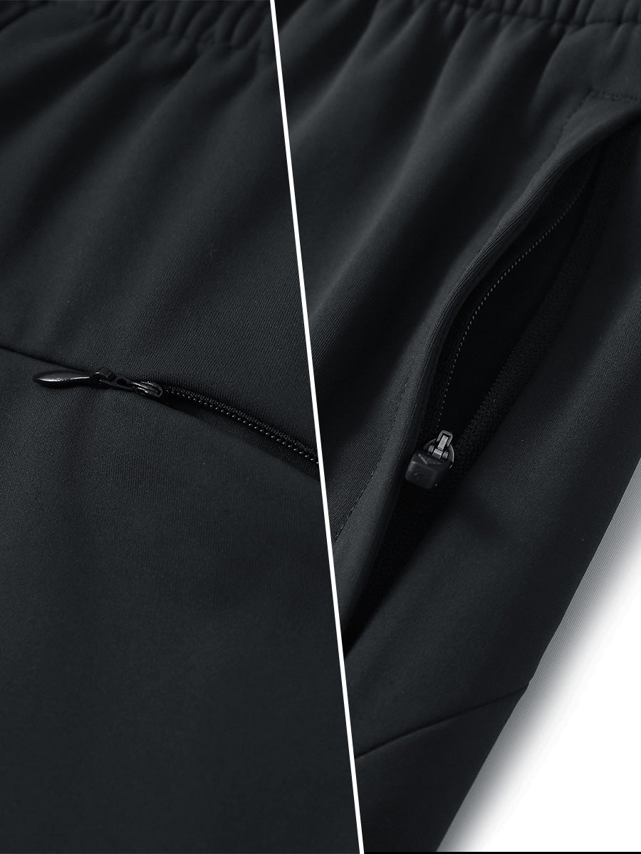 Two-part detail of lightweight women's stretchy joggers sweatpants zippers shown in black.