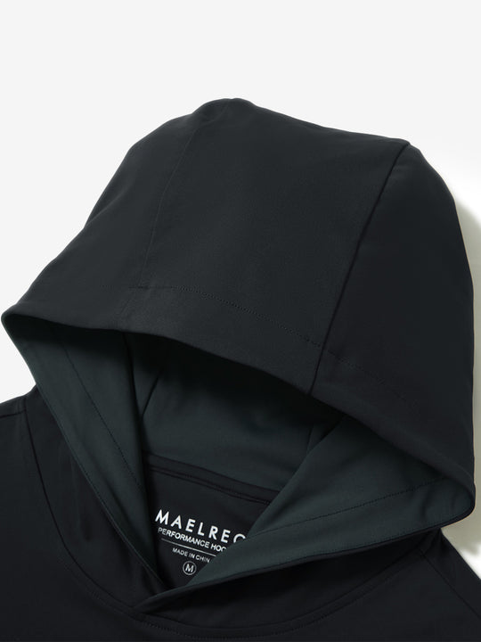 Hood detail of the black dry fit stretchy sweatshirts hoodie, showing smooth fabric and neat seams.