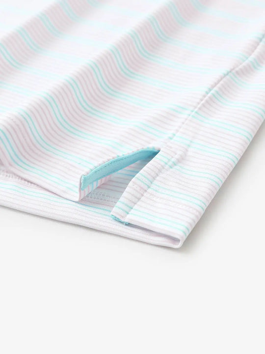 Close-up of side hem slit on Light Pink Aqua Blue Stripe Performance Stripe Golf Shirt